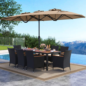 10 Piece Outdoor Dining Set with 15 Feet Double-Sided Twin Umbrella-Brown