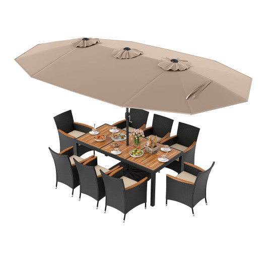 10 Piece Outdoor Dining Set with 15 Feet Double-Sided Twin Umbrella-Brown