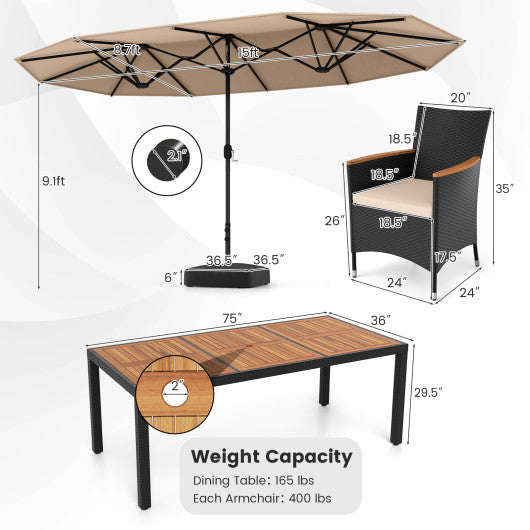 10 Piece Outdoor Dining Set with 15 Feet Double-Sided Twin Umbrella-Brown