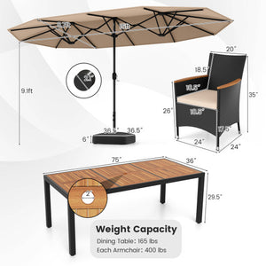 10 Piece Outdoor Dining Set with 15 Feet Double-Sided Twin Umbrella-Brown