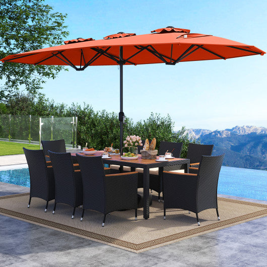 10 Piece Outdoor Dining Set with 15 Feet Double-Sided Twin Umbrella-Orange