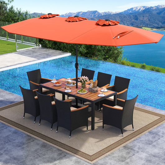 10 Piece Outdoor Dining Set with 15 Feet Double-Sided Twin Umbrella-Orange