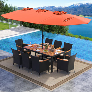 10 Piece Outdoor Dining Set with 15 Feet Double-Sided Twin Umbrella-Orange