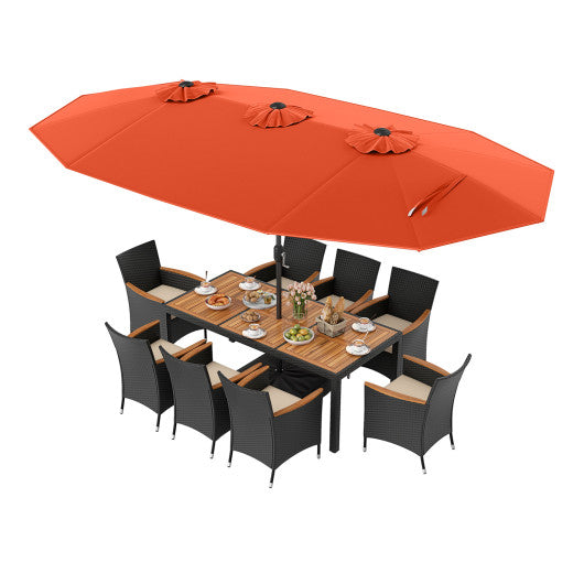 10 Piece Outdoor Dining Set with 15 Feet Double-Sided Twin Umbrella-Orange