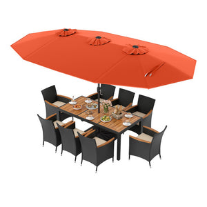 10 Piece Outdoor Dining Set with 15 Feet Double-Sided Twin Umbrella-Orange
