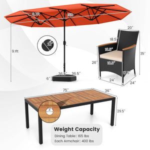 10 Piece Outdoor Dining Set with 15 Feet Double-Sided Twin Umbrella-Orange