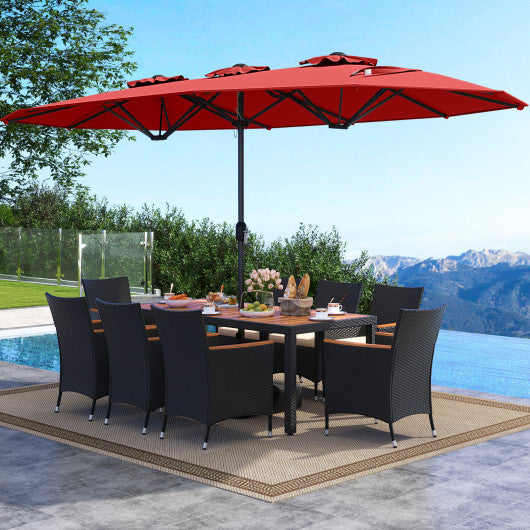 10 Piece Outdoor Dining Set with 15 Feet Double-Sided Twin Umbrella-Red