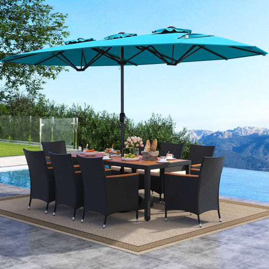 10 Piece Outdoor Dining Set with 15 Feet Double-Sided Twin Umbrella-Turquoise