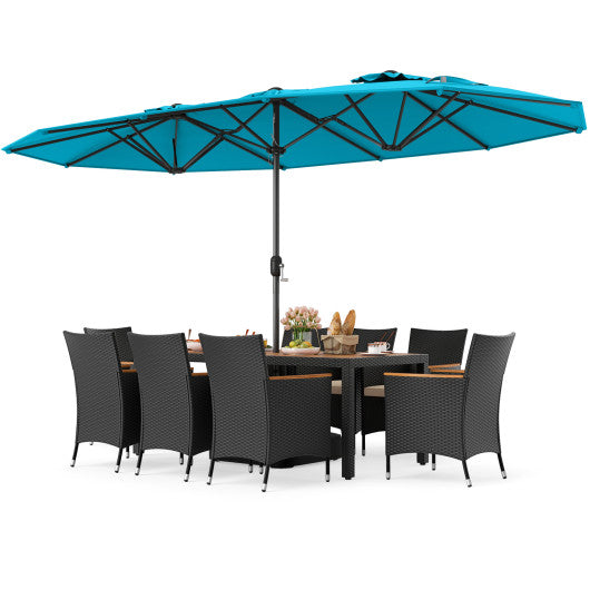 10 Piece Outdoor Dining Set with 15 Feet Double-Sided Twin Umbrella-Turquoise
