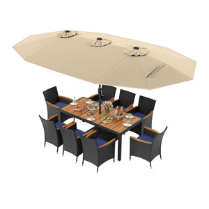 10 Piece Outdoor Patio Dining Set with 15 Feet Double-Sided Twin Umbrella-Beige
