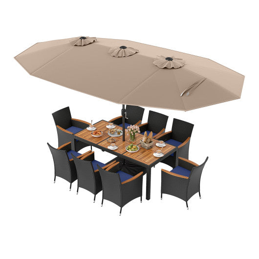 10 Piece Outdoor Patio Dining Set with 15 Feet Double-Sided Twin Umbrella-Brown