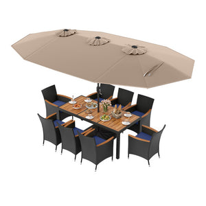 10 Piece Outdoor Patio Dining Set with 15 Feet Double-Sided Twin Umbrella-Brown