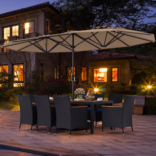10 Piece Outdoor Patio Dining Set with 15 Feet Double-Sided Twin Umbrella-Brown