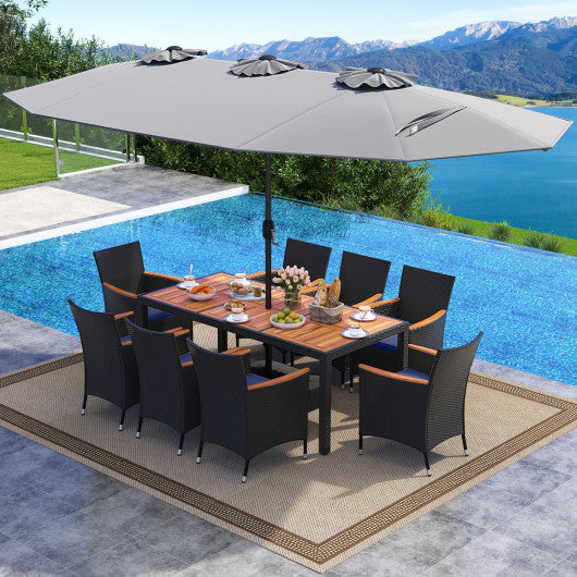 10 Piece Outdoor Patio Dining Set with 15 Feet Double-Sided Twin Umbrella-Gray