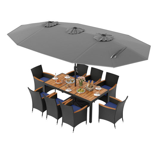 10 Piece Outdoor Patio Dining Set with 15 Feet Double-Sided Twin Umbrella-Gray