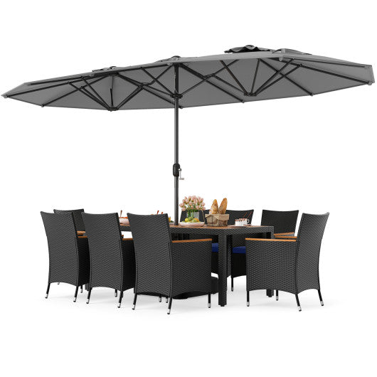 10 Piece Outdoor Patio Dining Set with 15 Feet Double-Sided Twin Umbrella-Gray