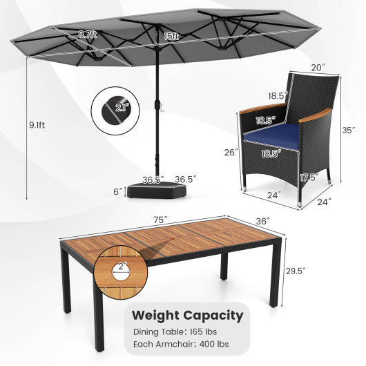 10 Piece Outdoor Patio Dining Set with 15 Feet Double-Sided Twin Umbrella-Gray