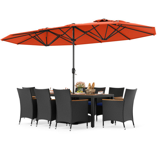 10 Piece Outdoor Patio Dining Set with 15 Feet Double-Sided Twin Umbrella-Orange