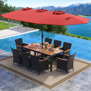 10 Piece Outdoor Patio Dining Set with 15 Feet Double-Sided Twin Umbrella-Red
