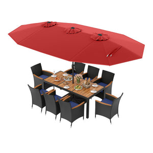10 Piece Outdoor Patio Dining Set with 15 Feet Double-Sided Twin Umbrella-Red