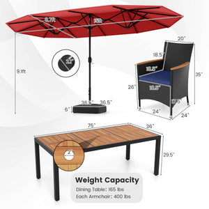10 Piece Outdoor Patio Dining Set with 15 Feet Double-Sided Twin Umbrella-Red