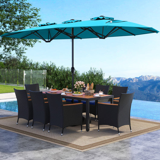 10 Piece Outdoor Patio Dining Set with 15 Feet Double-Sided Twin Umbrella-Turquoise