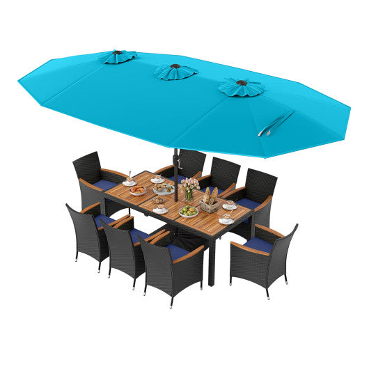10 Piece Outdoor Patio Dining Set with 15 Feet Double-Sided Twin Umbrella-Turquoise