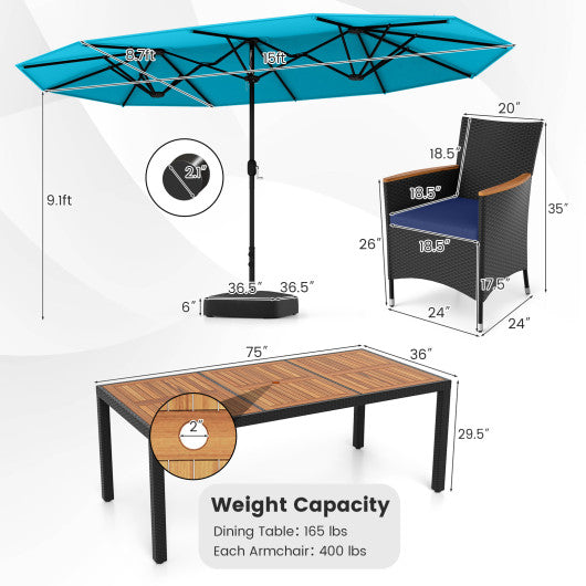 10 Piece Outdoor Patio Dining Set with 15 Feet Double-Sided Twin Umbrella-Turquoise
