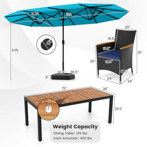 10 Piece Outdoor Patio Dining Set with 15 Feet Double-Sided Twin Umbrella-Turquoise