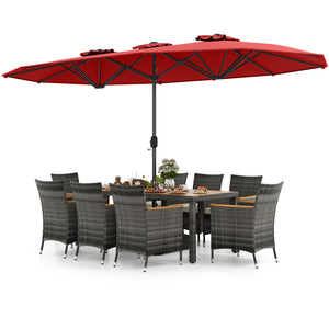 10 Pieces Patio Wicker Dining Set with 15 Feet Double-Sided Patio Umbrella-Red