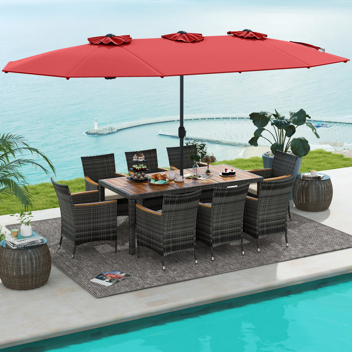 10 Pieces Patio Wicker Dining Set with 15 Feet Double-Sided Patio Umbrella-Red