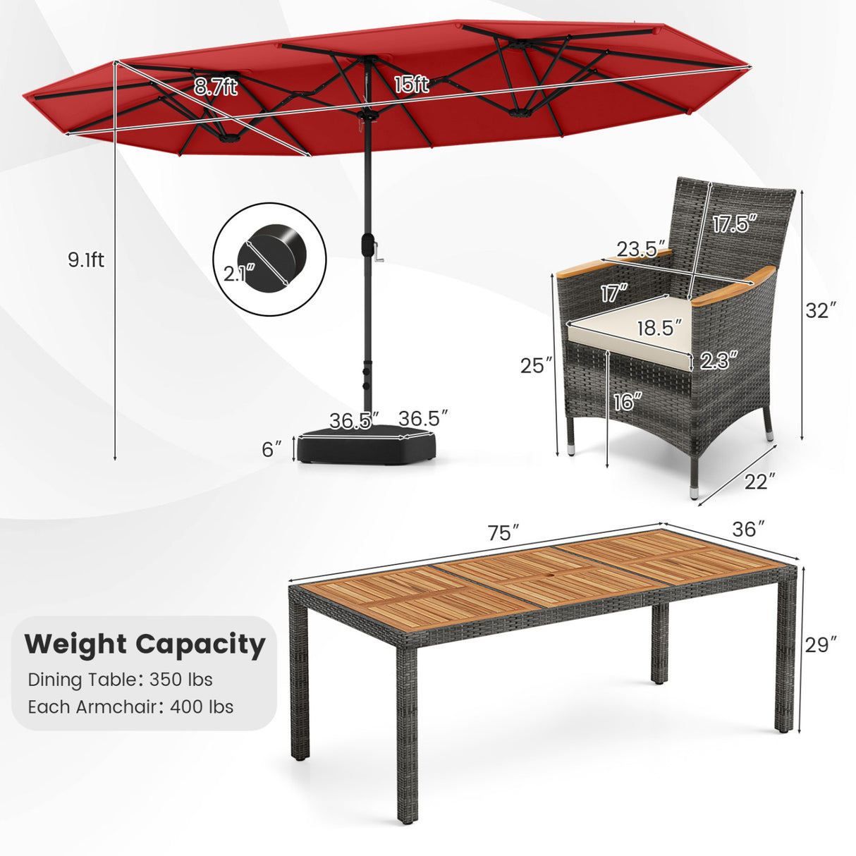 10 Pieces Patio Wicker Dining Set with 15 Feet Double-Sided Patio Umbrella-Red