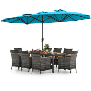 10 Pieces Patio Wicker Dining Set with 15 Feet Double-Sided Patio Umbrella-Turquoise