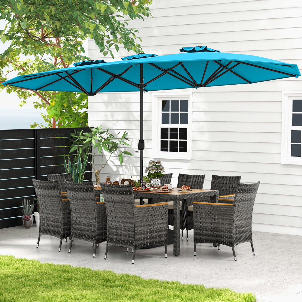 10 Pieces Patio Wicker Dining Set with 15 Feet Double-Sided Patio Umbrella-Turquoise