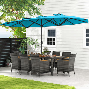 10 Pieces Patio Wicker Dining Set with 15 Feet Double-Sided Patio Umbrella-Turquoise
