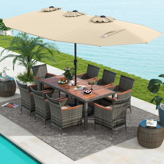 10 Pieces Patio Wicker Dining Set with 15 Feet Double-Sided Patio Umbrella-Beige