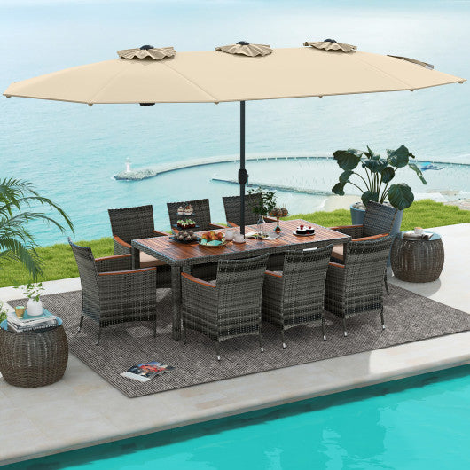 10 Pieces Patio Wicker Dining Set with 15 Feet Double-Sided Patio Umbrella-Beige