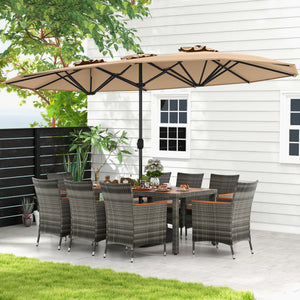 10 Pieces Patio Wicker Dining Set with 15 Feet Double-Sided Patio Umbrella-Brown