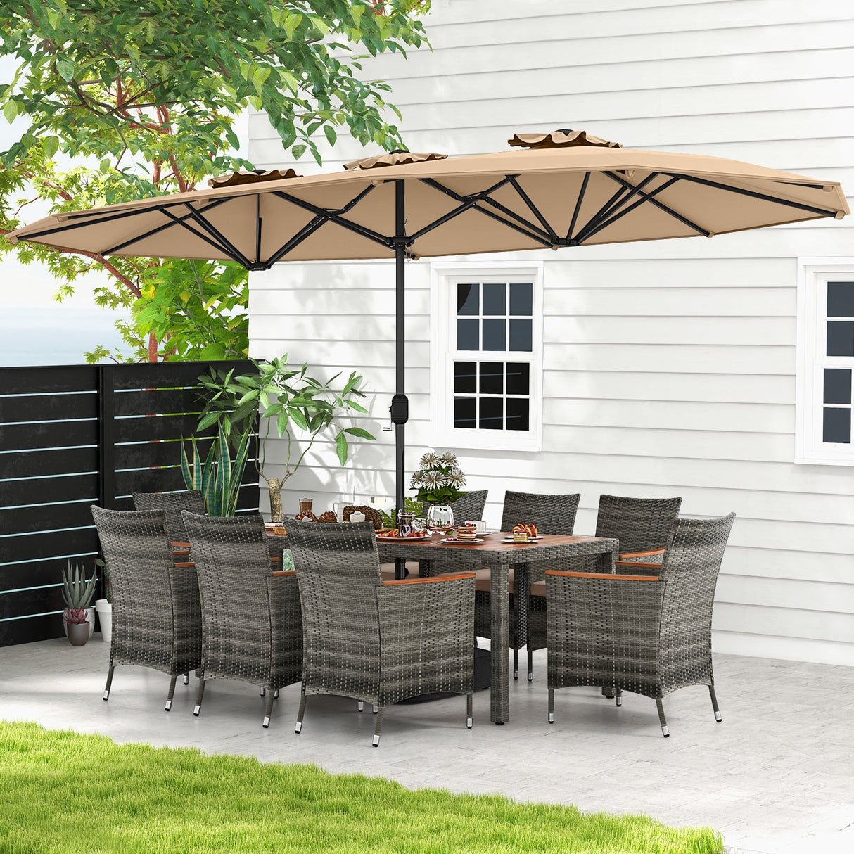 10 Pieces Patio Wicker Dining Set with 15 Feet Double-Sided Patio Umbrella-Brown by DirectDeals