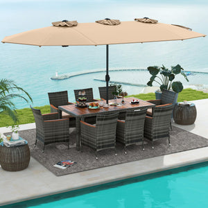 10 Pieces Patio Wicker Dining Set with 15 Feet Double-Sided Patio Umbrella-Brown