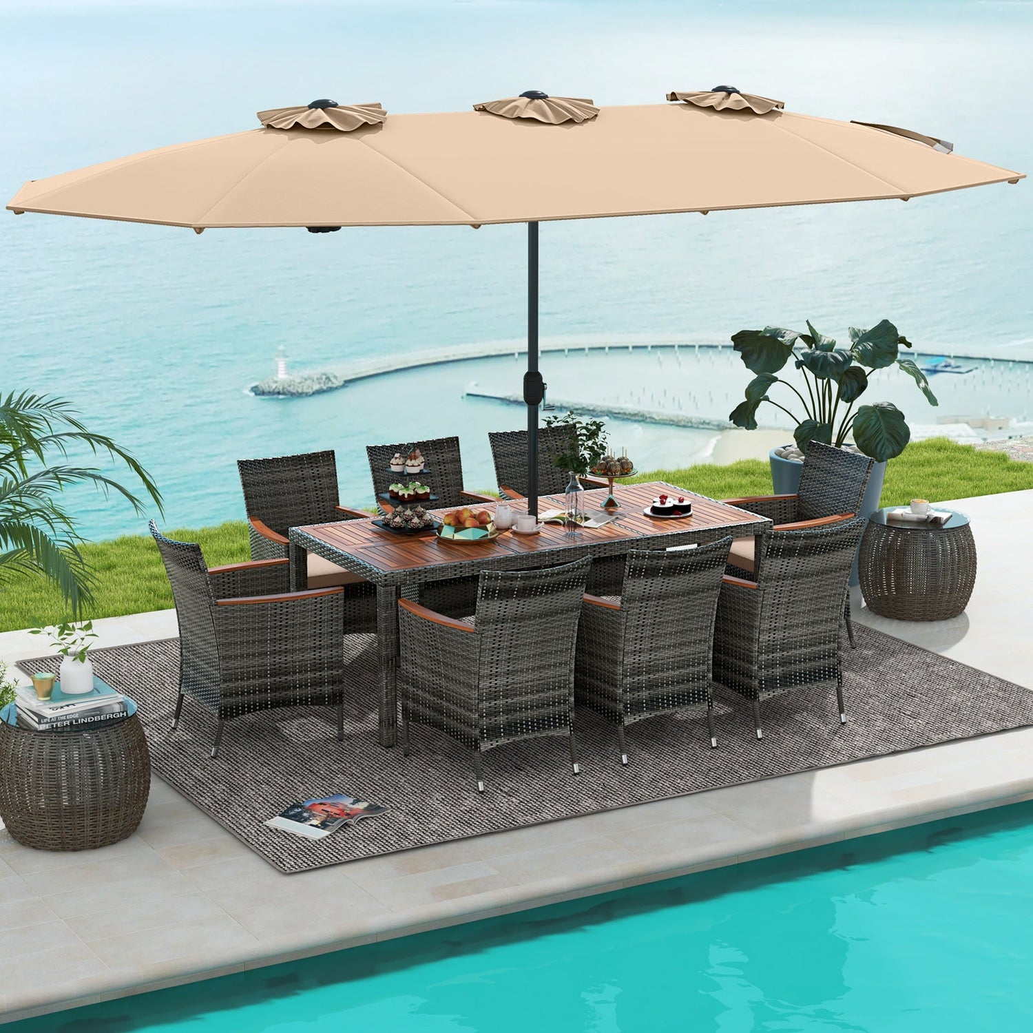 10 Pieces Patio Wicker Dining Set with 15 Feet Double-Sided Patio Umbrella-Brown by DirectDeals