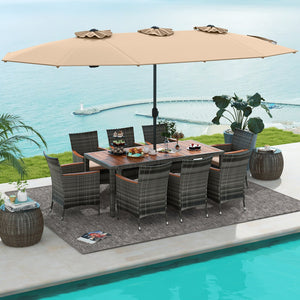 10 Pieces Patio Wicker Dining Set with 15 Feet Double-Sided Patio Umbrella-Brown by DirectDeals