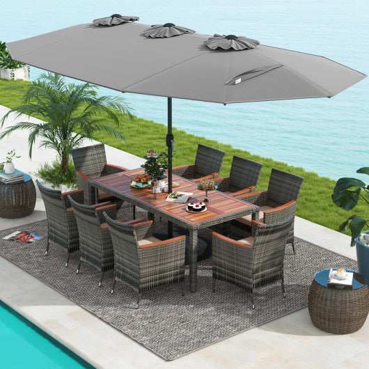 10 Pieces Patio Wicker Dining Set with 15 Feet Double-Sided Patio Umbrella-Gray