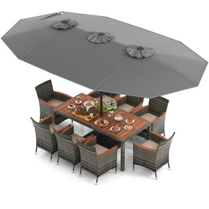 10 Pieces Patio Wicker Dining Set with 15 Feet Double-Sided Patio Umbrella-Gray