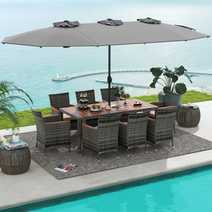 10 Pieces Patio Wicker Dining Set with 15 Feet Double-Sided Patio Umbrella-Gray