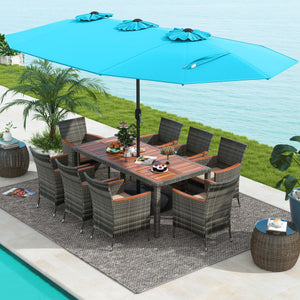 10 Pieces Patio Wicker Dining Set with 15 Feet Double-Sided Patio Umbrella-Turquoise
