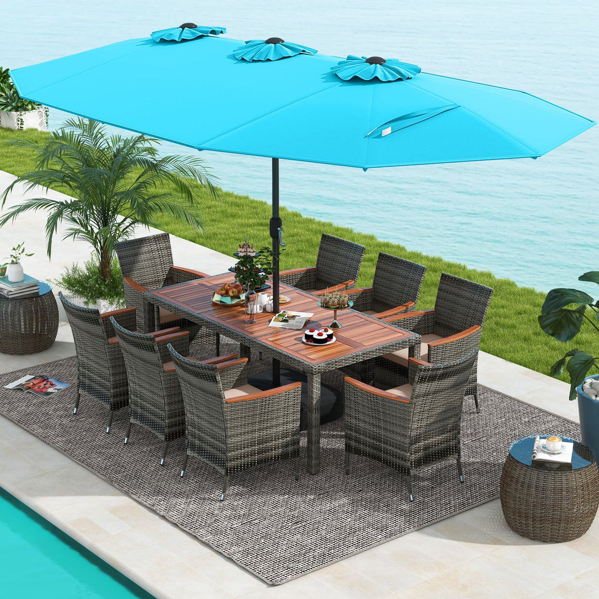 10 Pieces Patio Wicker Dining Set with 15 Feet Double-Sided Patio Umbrella-Turquoise by DirectDeals