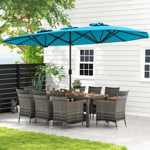 10 Pieces Patio Wicker Dining Set with 15 Feet Double-Sided Patio Umbrella-Turquoise by DirectDeals