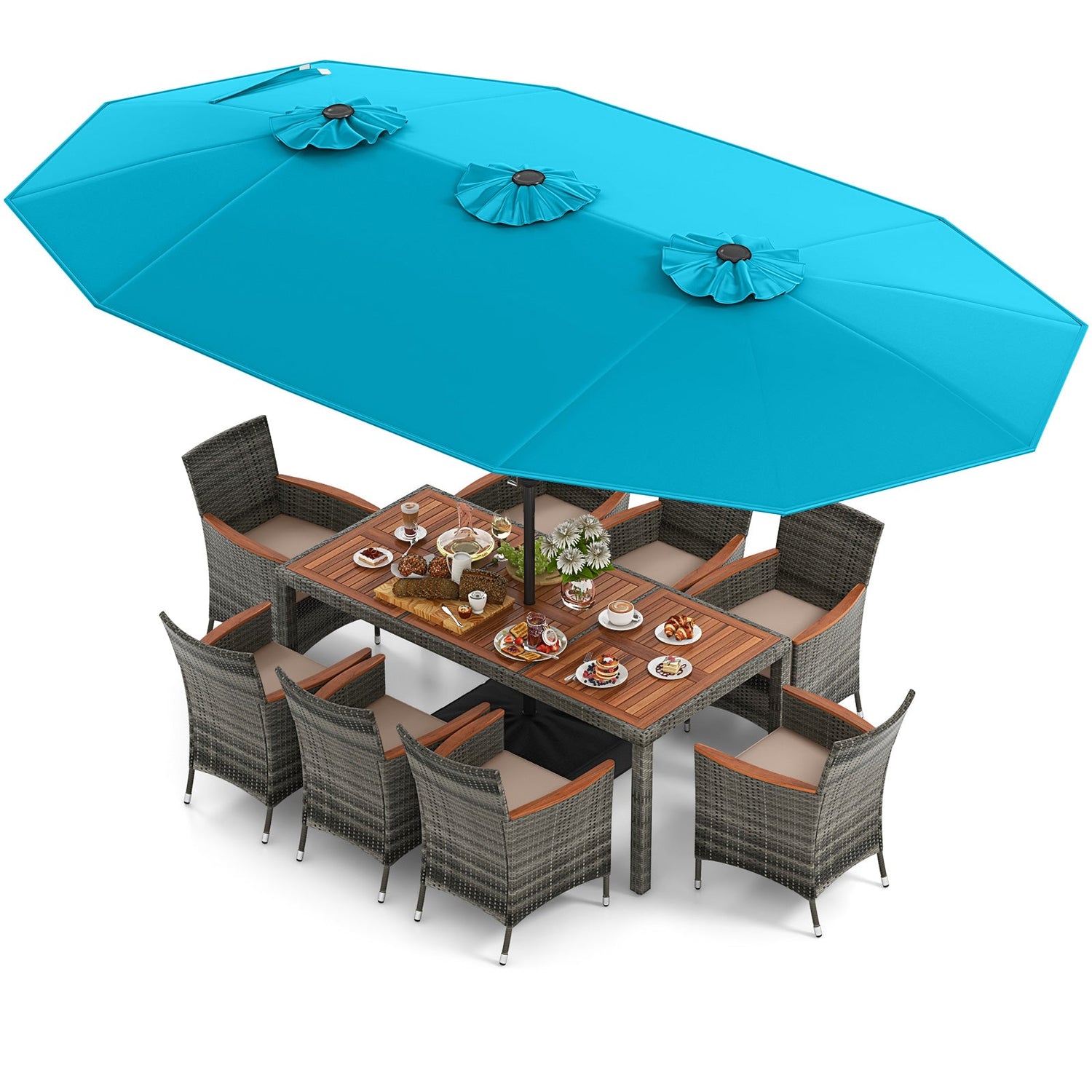 10 Pieces Patio Wicker Dining Set with 15 Feet Double-Sided Patio Umbrella-Turquoise by DirectDeals