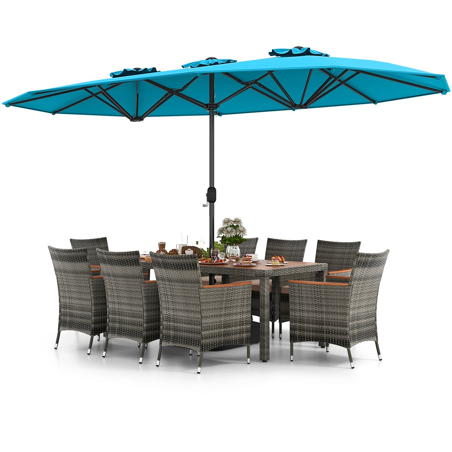 10 Pieces Patio Wicker Dining Set with 15 Feet Double-Sided Patio Umbrella-Turquoise by DirectDeals